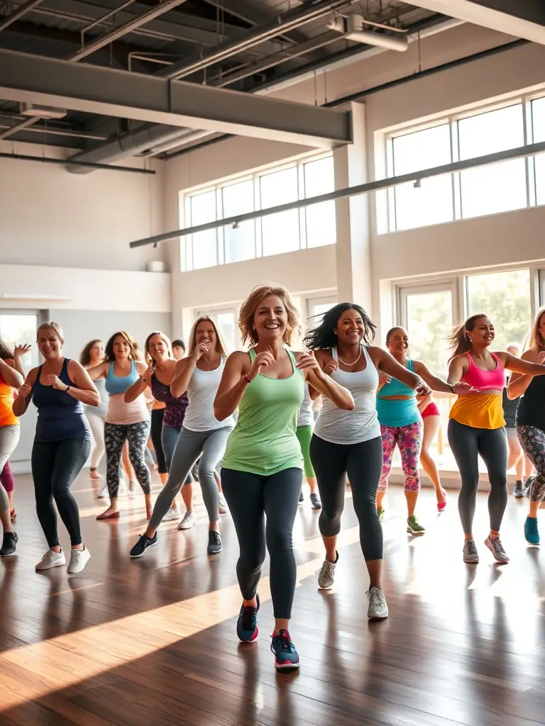 A diverse group of adults participating in a Zumba class, moving energetically to the music in a spacious studio.