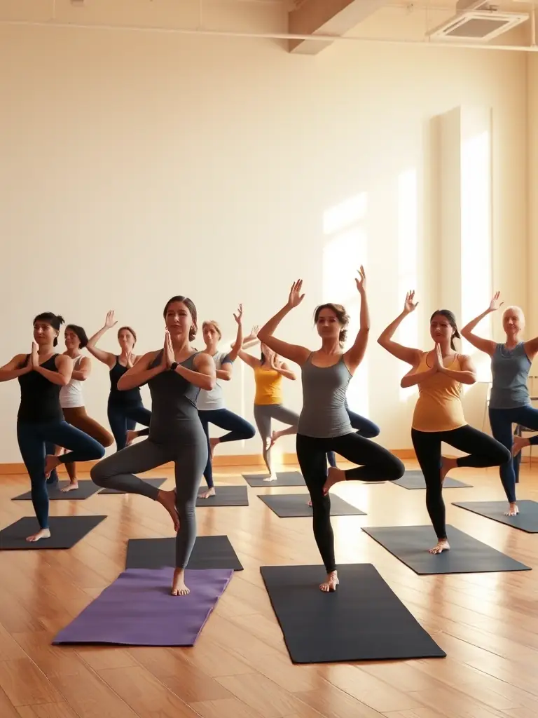 A diverse group of adults participating in a yoga class, with the instructor demonstrating a pose. The setting is a bright and airy studio.