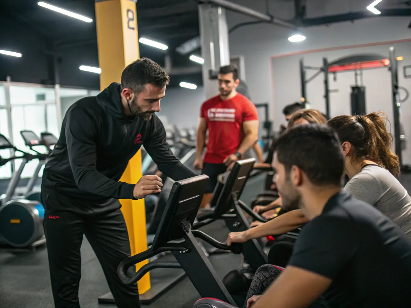 A person using a resistance band during a guided exercise session, with a trainer providing support and encouragement. The setting is a modern and accessible fitness facility.