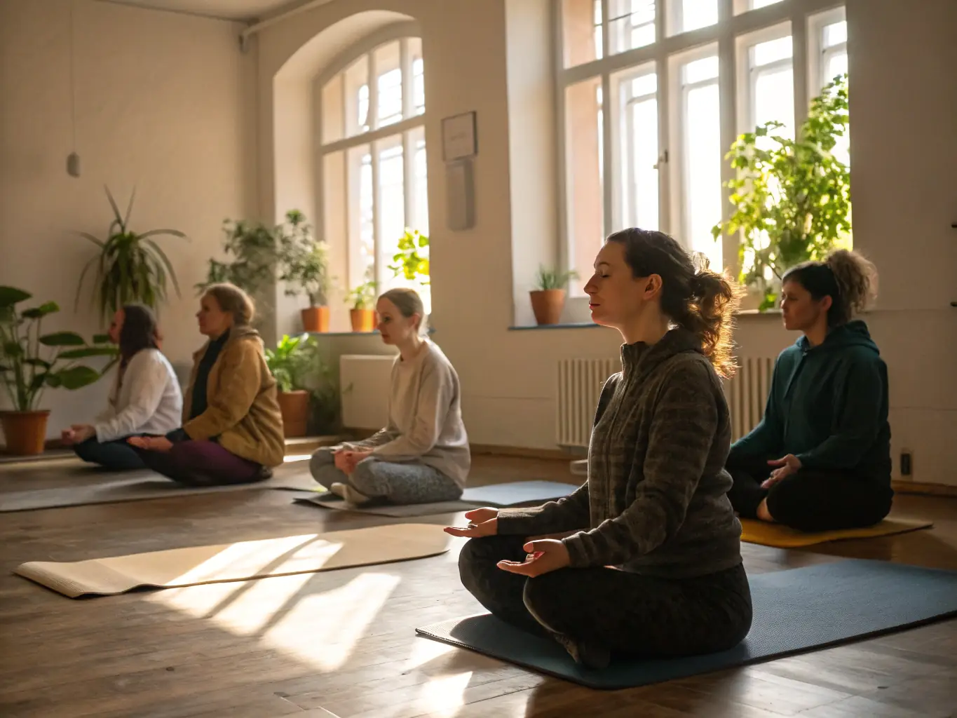 A group of diverse individuals participating in a gentle stretching exercise during an accessible fitness program session, with a focus on promoting flexibility and well-being.
