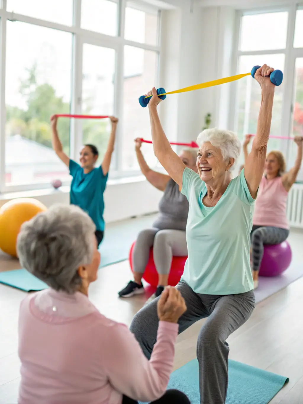 A group of seniors participating in a low-impact aerobics class, led by an instructor. They are smiling and appear to be enjoying the exercise.
