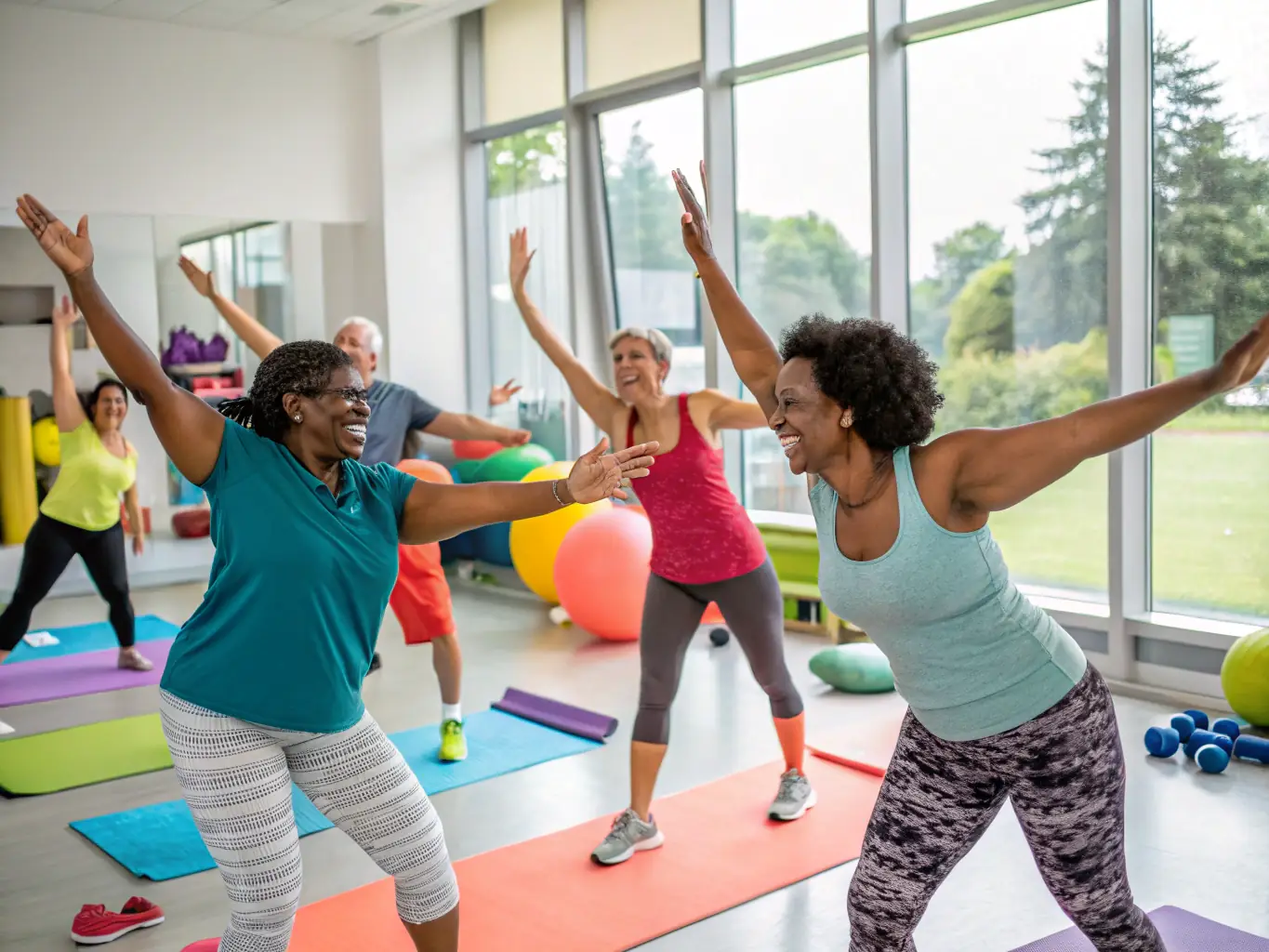 A diverse group of people participating in a gentle exercise class, smiling and supporting each other.