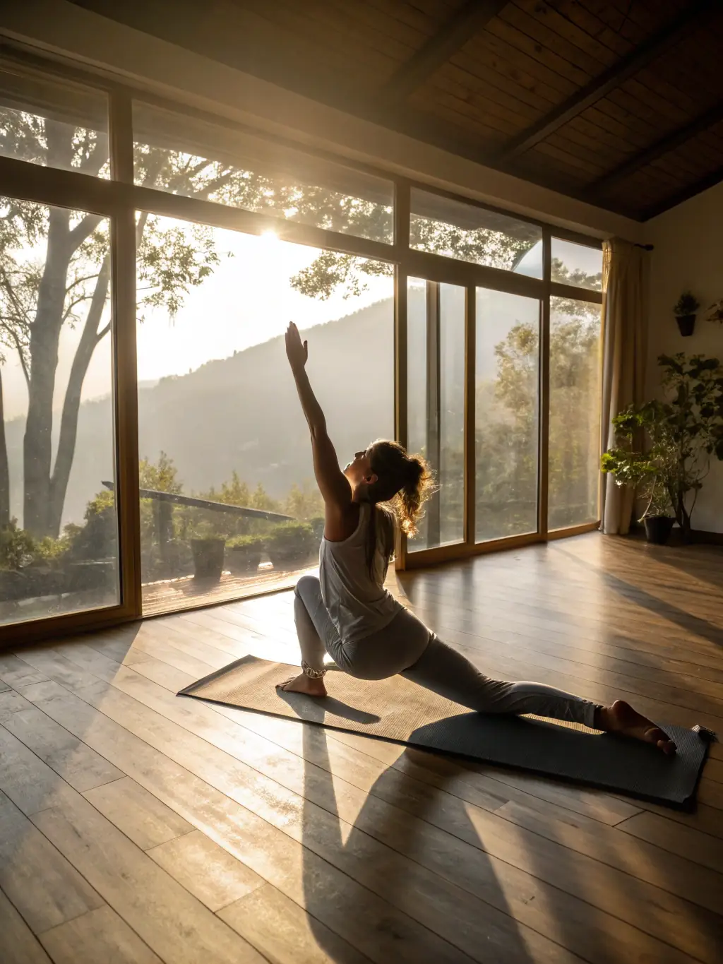A yoga instructor guiding a class of participants through a relaxing yoga pose in a serene studio setting.