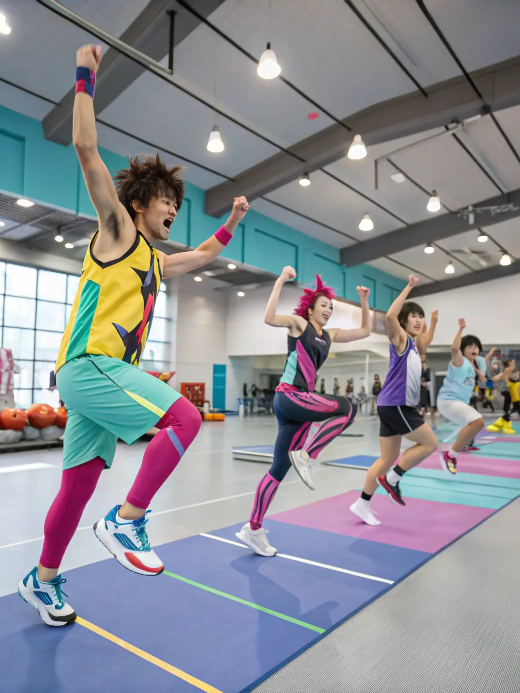 A group of young adults participating in a Zumba class, following the energetic instructor. The atmosphere is lively and fun.