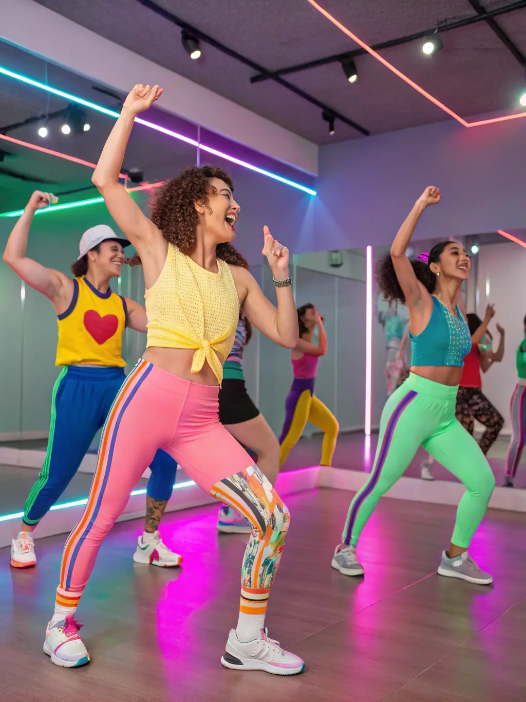 A diverse group of adults engaged in a Zumba class at ASSOCIATION GYMNASTIQUE VOLONTAIRE, showcasing energetic dance moves and fitness.