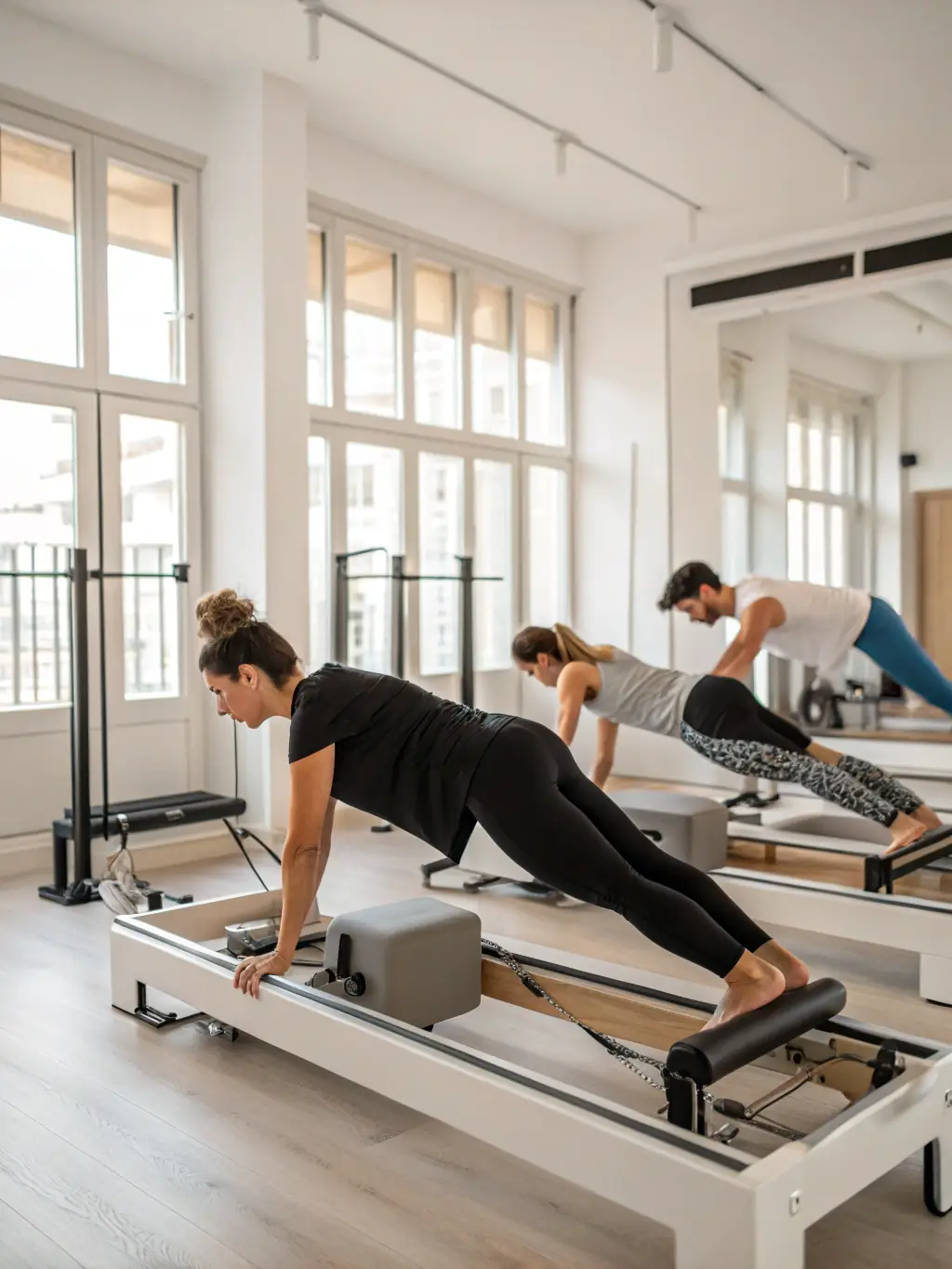 A certified instructor leading a Pilates class at ASSOCIATION GYMNASTIQUE VOLONTAIRE, demonstrating core strengthening exercises.