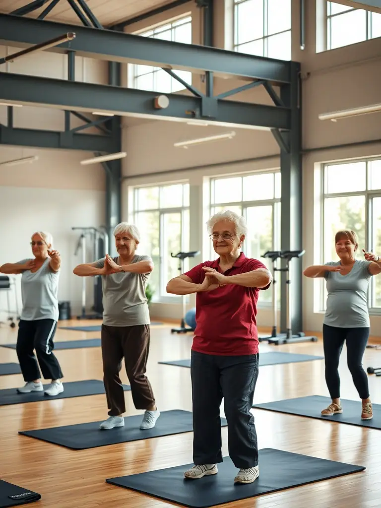 A group of seniors participating in a gentle stretching exercise class at ASSOCIATION GYMNASTIQUE VOLONTAIRE, focusing on flexibility and balance.