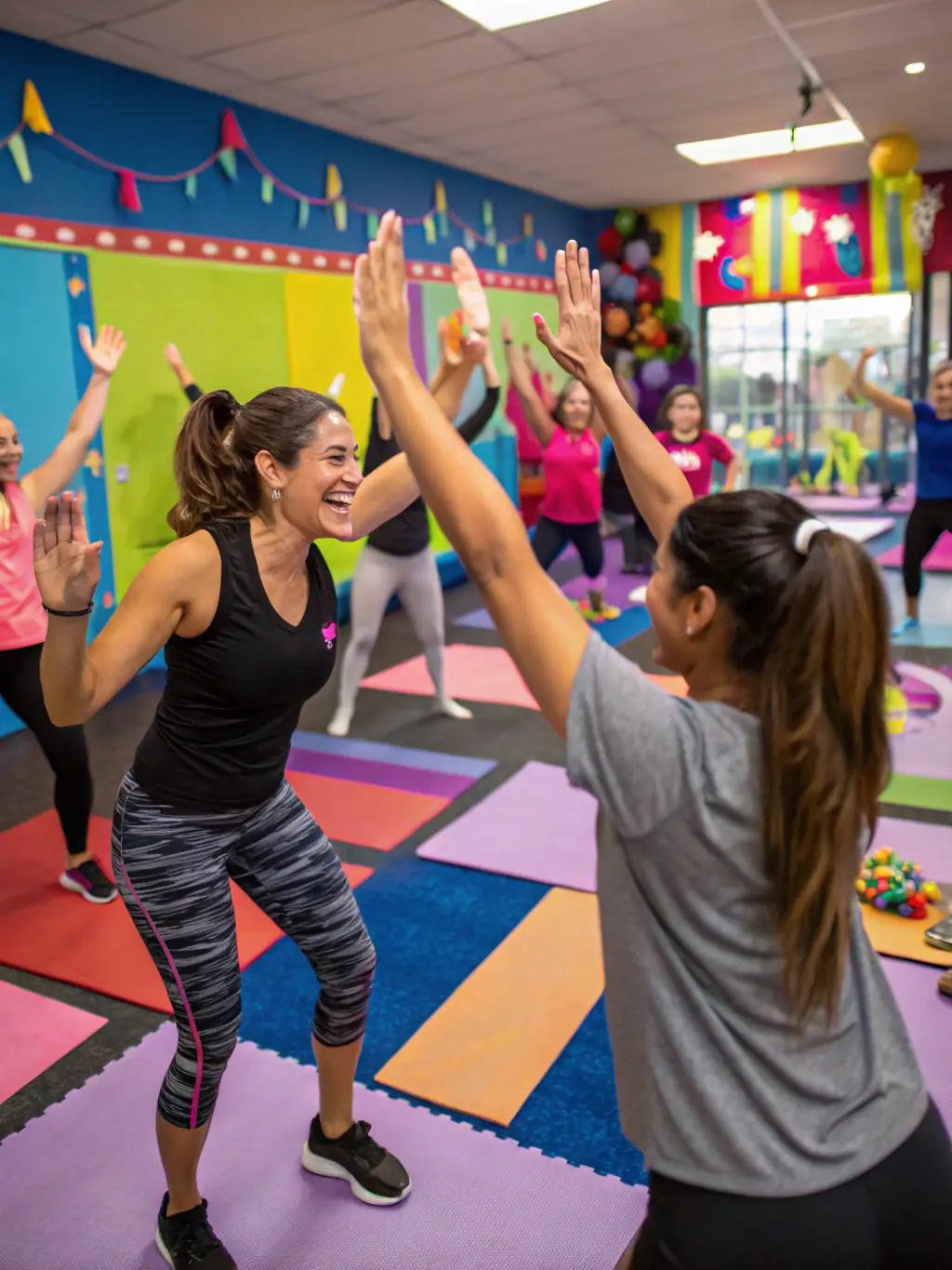 A group of people with varying abilities participating in a chair exercise class, led by a certified instructor. They are using light weights and resistance bands.