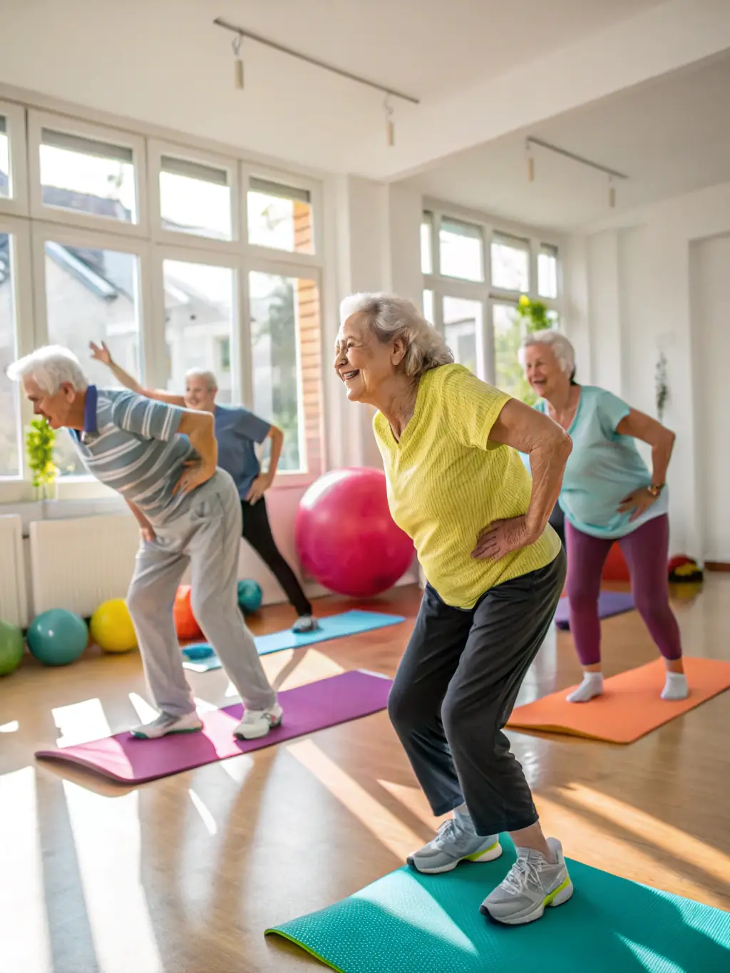A group of seniors participating in a low-impact aerobics class, smiling and engaged, in a well-lit community center.