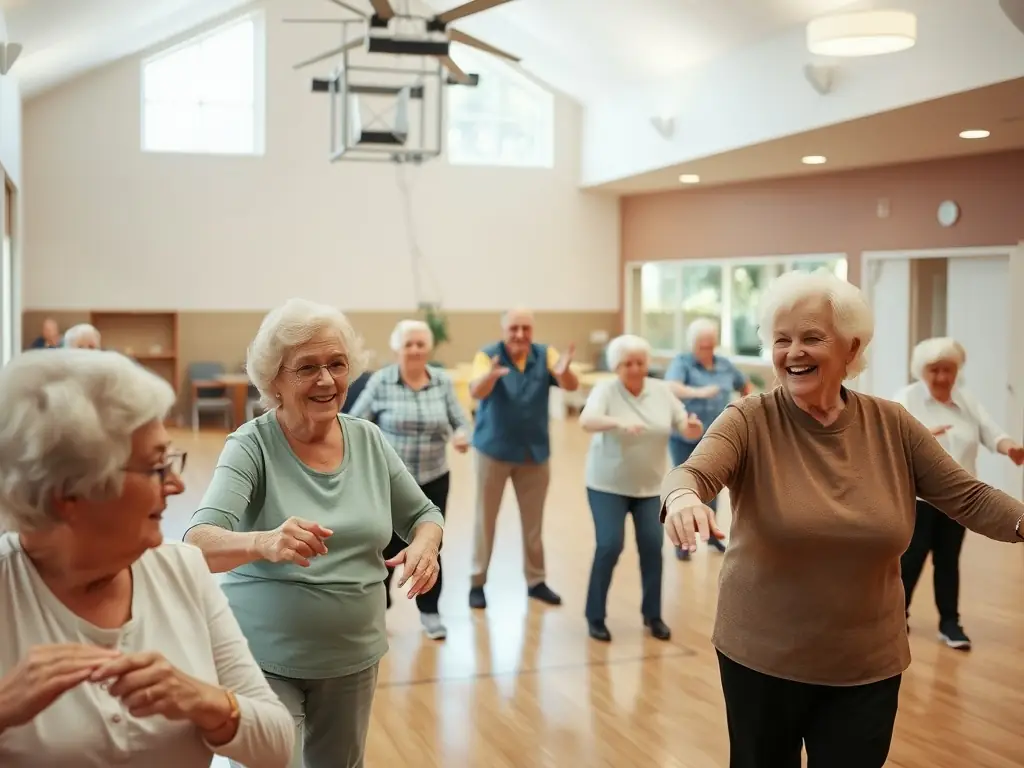 A group of seniors engaging in a low-impact aerobics class, emphasizing cardiovascular health and social interaction in a supportive community setting.
