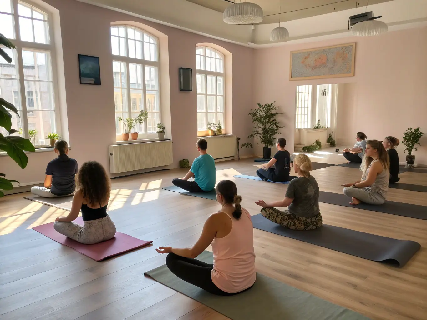 A diverse group of adults laughing and chatting after a yoga session in a sunlit studio. They are all wearing comfortable workout clothes and appear relaxed and happy.