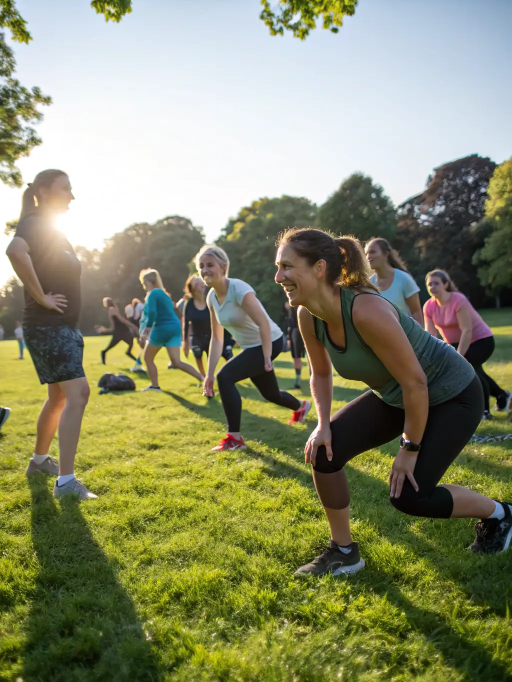 A group of people doing stretching exercises, led by an instructor, in a park during a sunny day.
