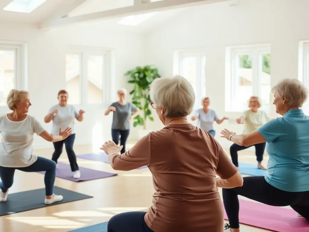 A group of smiling seniors participating in a low-impact aerobics class, led by an instructor in a community center. The atmosphere is friendly and encouraging.