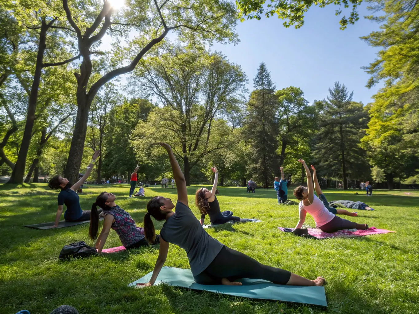 A dynamic yoga class with participants of varying ages and fitness levels, demonstrating the adaptability and inclusivity of our yoga and mindfulness programs.